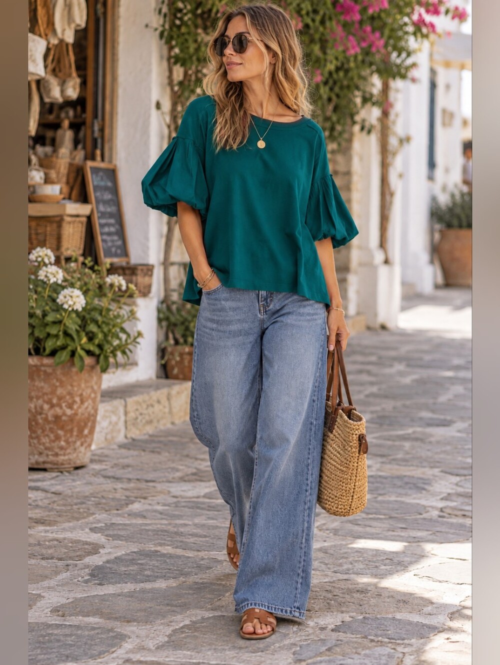 We The Free by Free People Blossom Puff Sleeve Tee in Green Bohemian Women's S